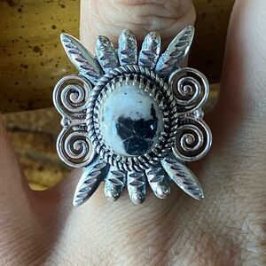 White Buffalo Turquoise Sterling Silver Feather Ring Size 7